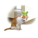 Neon green mouse shaped bristled pet comb being used by a white and orange cat 