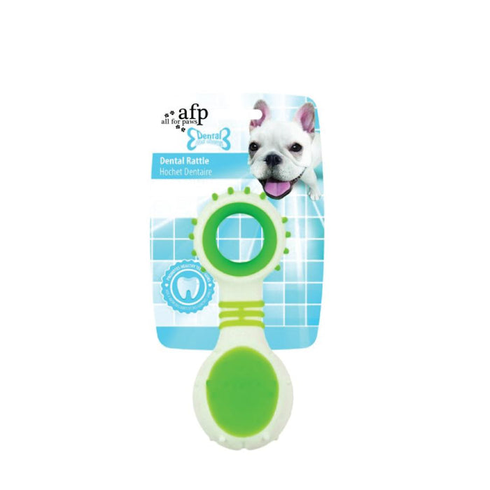 A packaged white and green textured dog teething toy for pets with chicken flavour taste