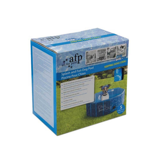 Box containing blue plastic pet swimming pool 