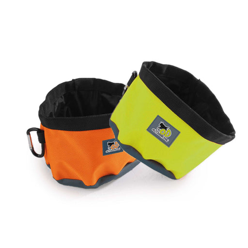 Neon yellow and orange portable pet feeders 