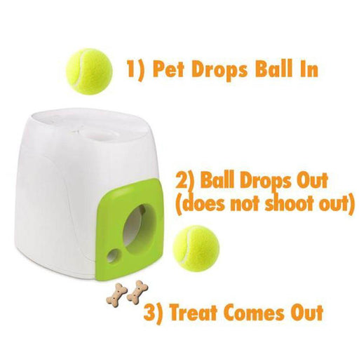 A green and white interactive tennis ball roller for dogs and puppies