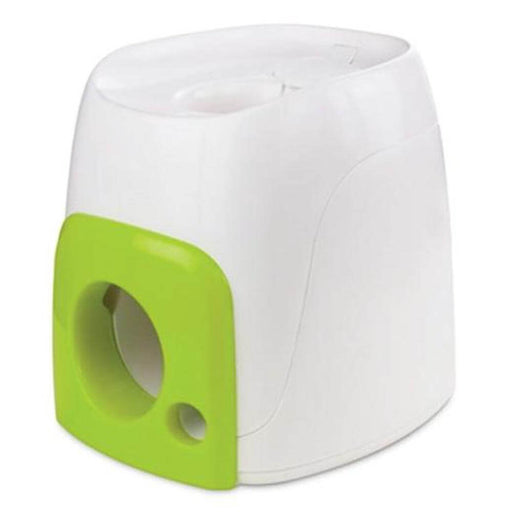 A green and white interactive tennis ball roller for dogs and puppies