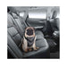 Small dog sitting in car with grey and black no pull leash seat belt for car rides and walks 