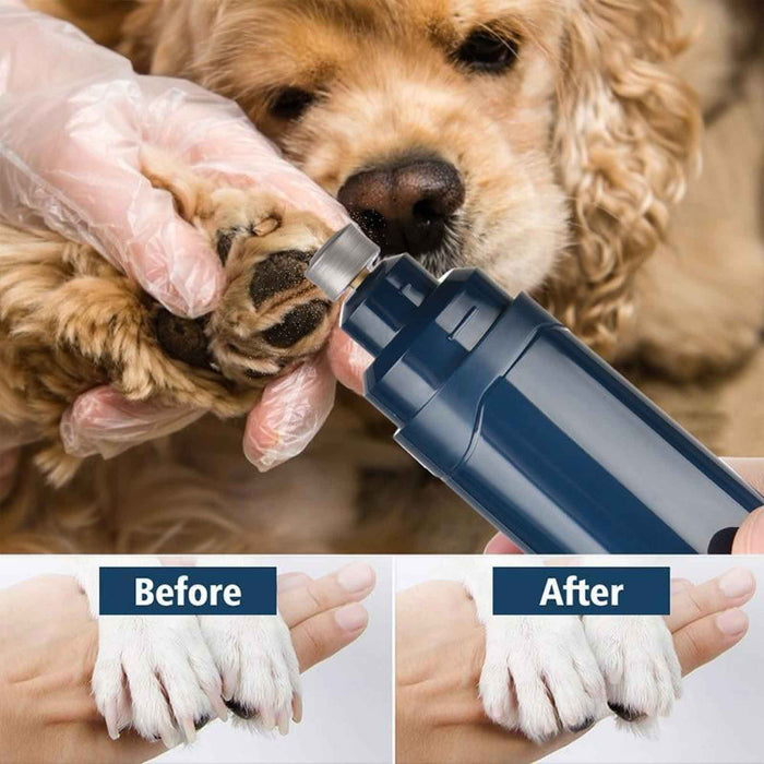 Pet owner using a LED electrical and rechargeable light up pet nail trimmer on their dog 