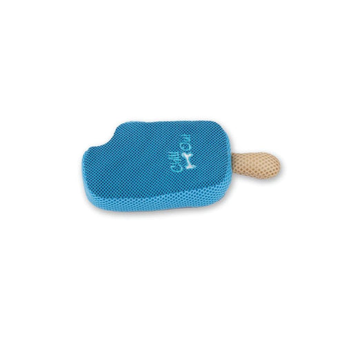 A blue ice cream shaped chew toy which absorbs water for pet hydration 