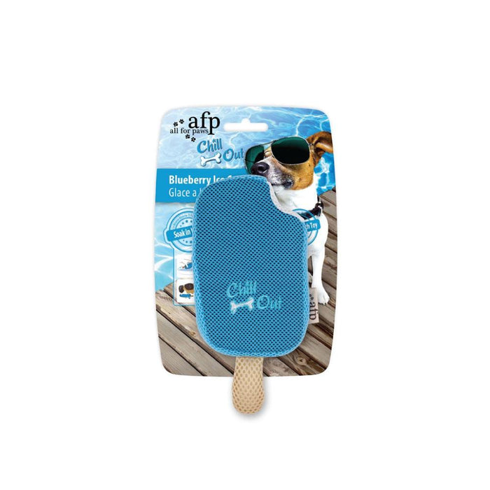 A blue ice cream shaped chew toy which absorbs water for pet hydration 