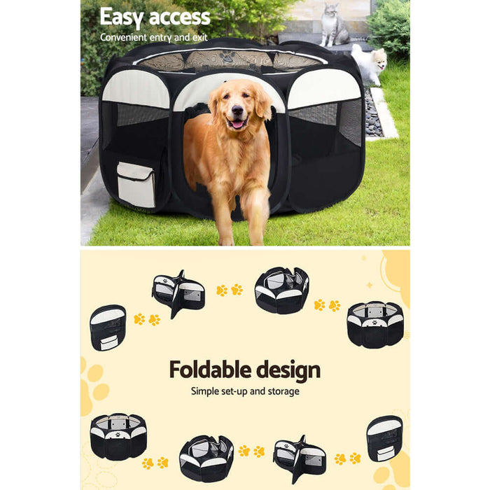 A golden dog sitting in a black netted and sheeted dog plan pen tent